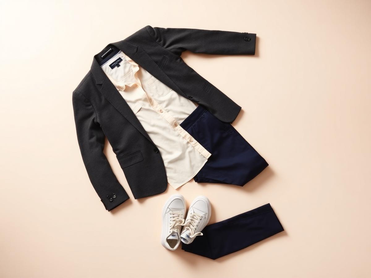 A charcoal blazer, cream shirt, indigo trousers and white sneakers laid flat